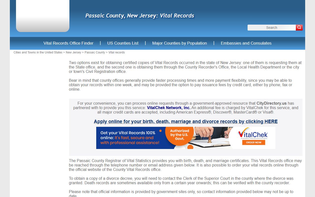 Passaic County vital records directory for Clifton death index