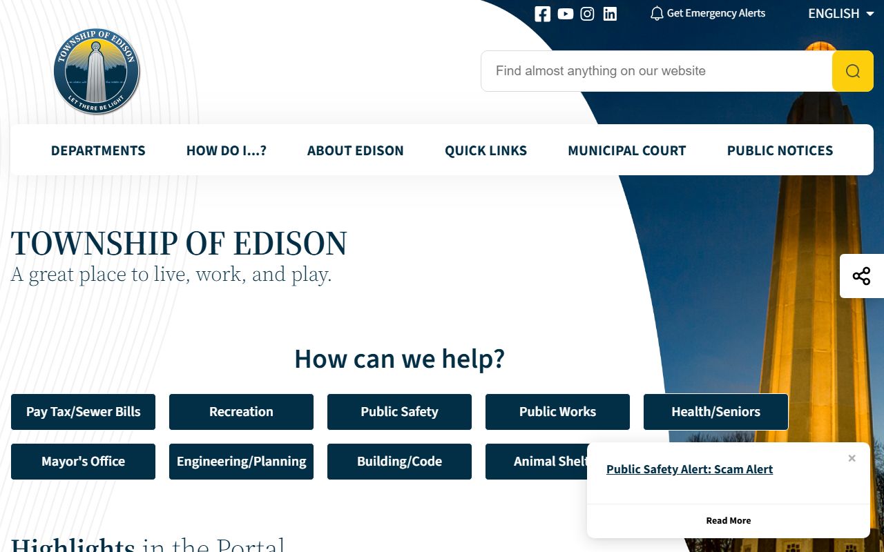 Edison Township Clerk office for death index and vital records searches