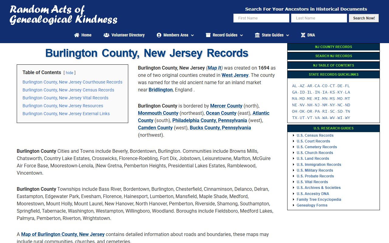 Burlington County genealogy volunteer lookup page for death index records