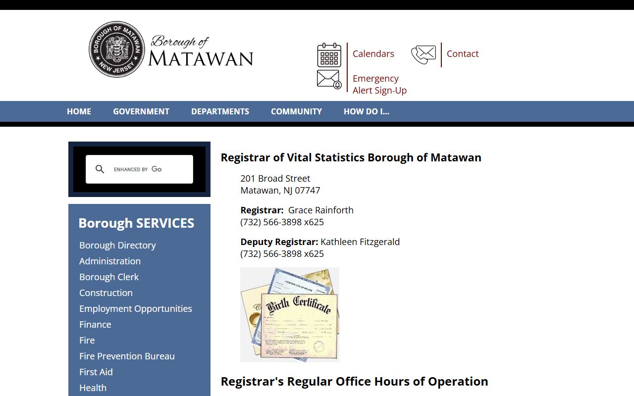 Matawan Borough Registrar of Vital Statistics page in Monmouth County
