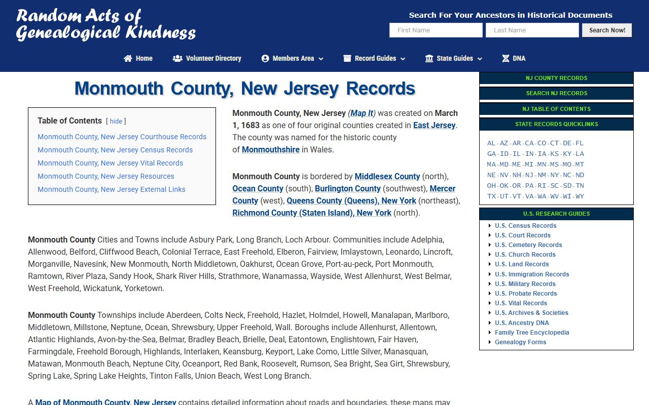 Monmouth County New Jersey map and reference for death index research