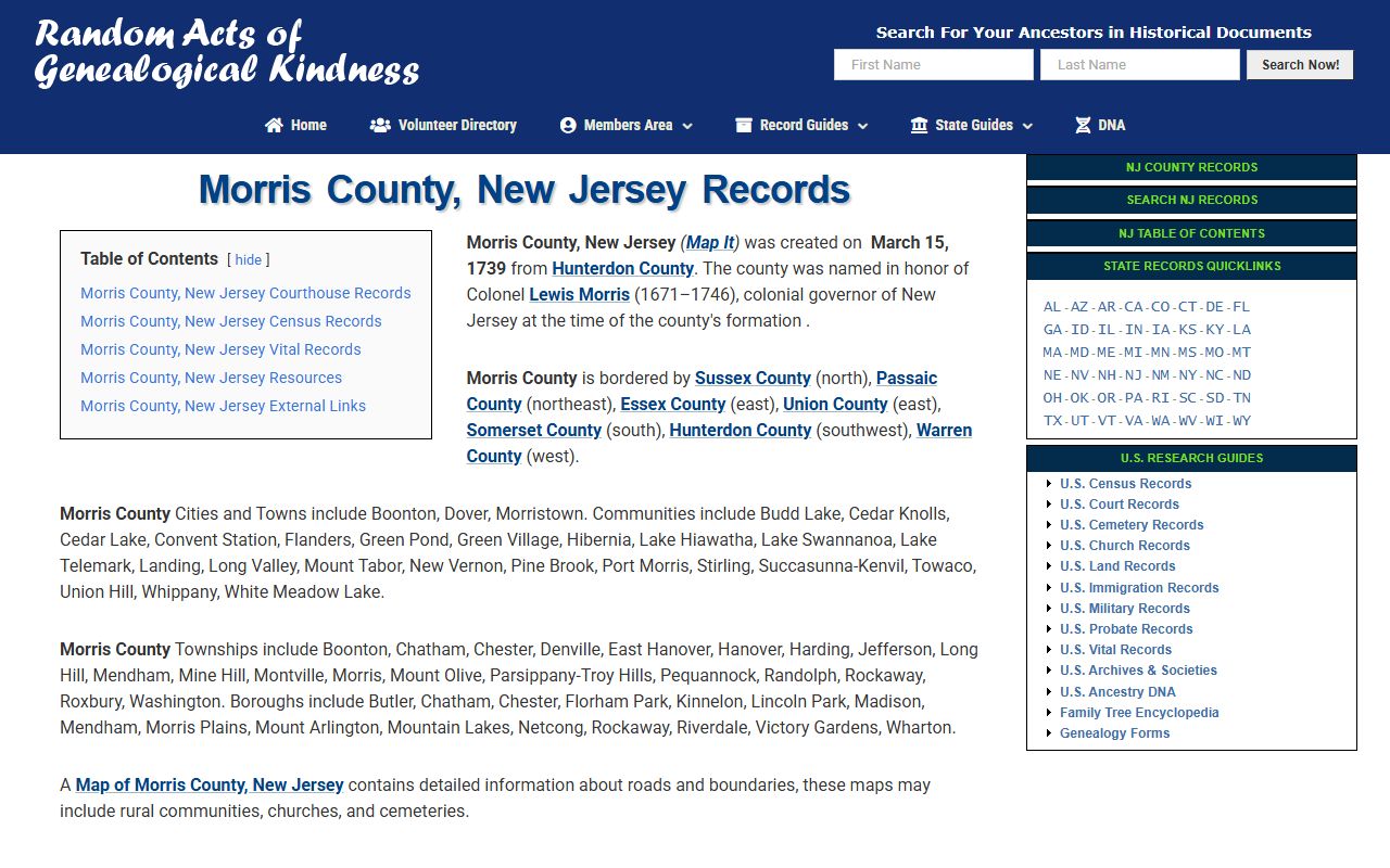 Morris County New Jersey map and reference for death index research