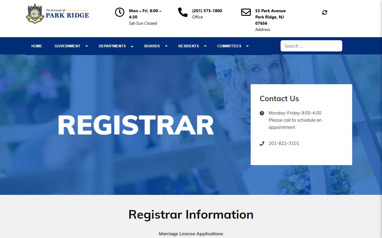 Park Ridge Borough Registrar page for vital records in Morris County