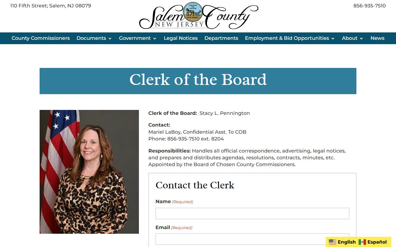 Salem County Clerk vital records page for death index research