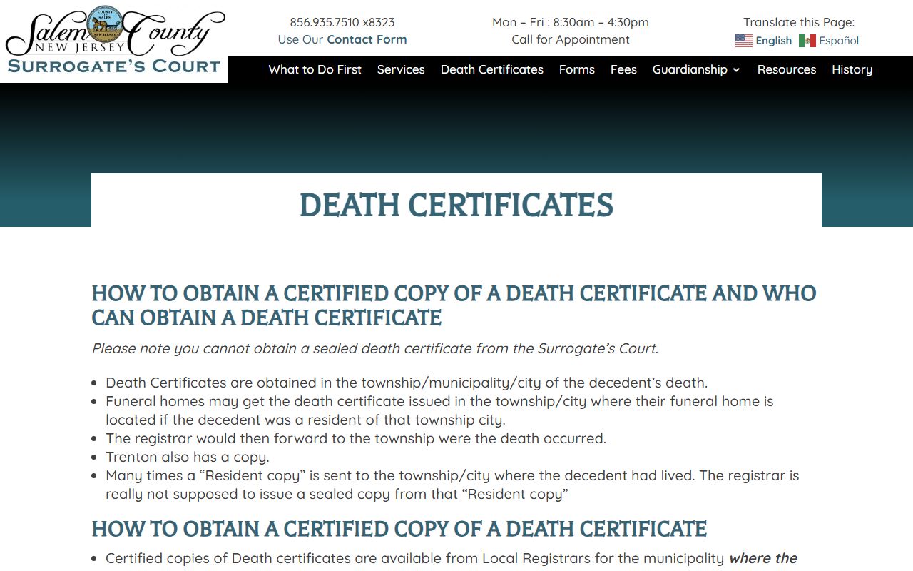 Salem County death certificates page for death index searches