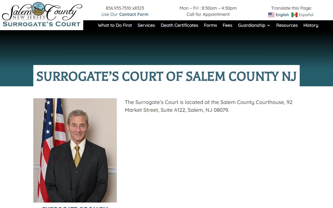 Salem County Surrogate office page for death certificate requests