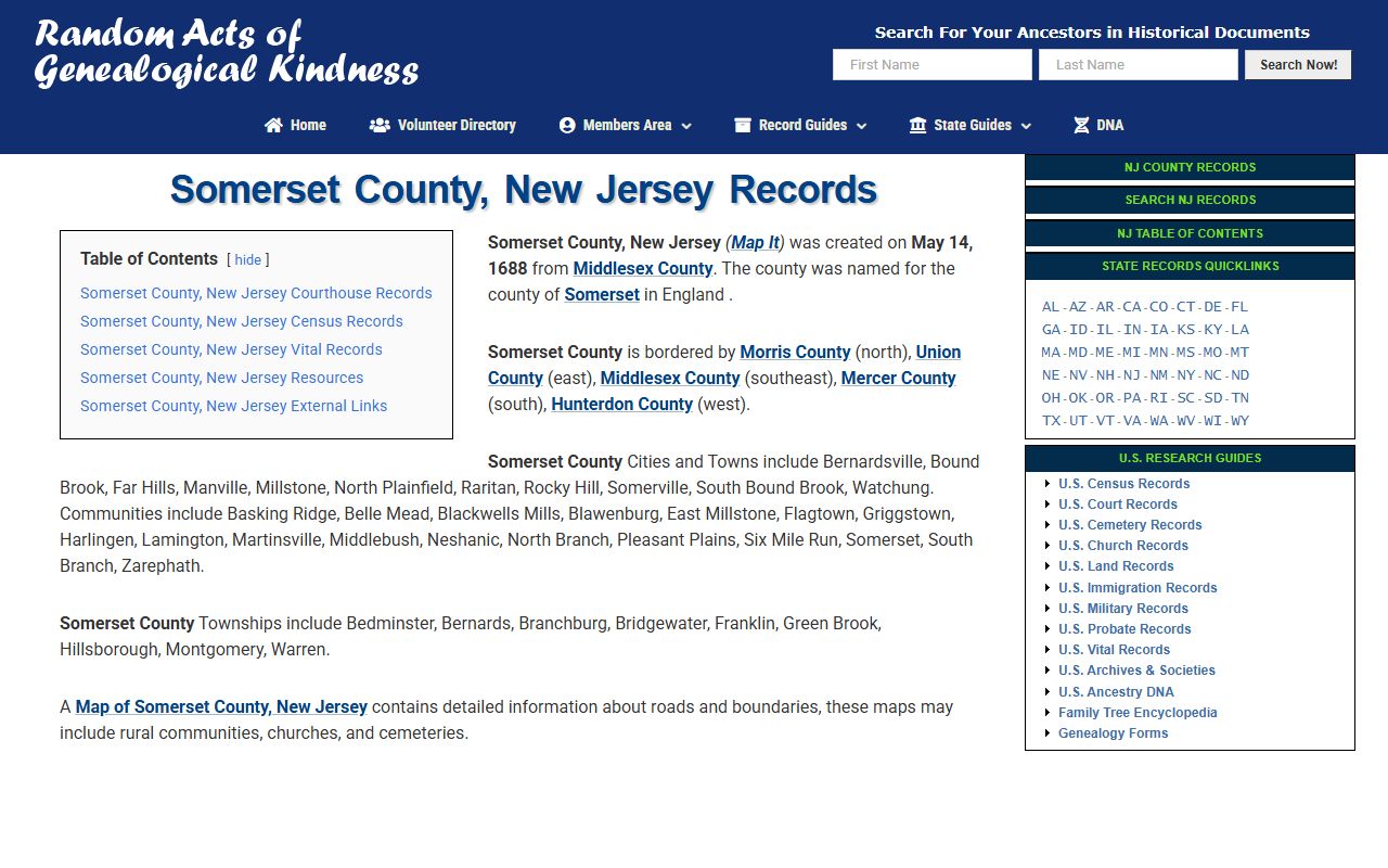 Somerset County New Jersey government page for death index research